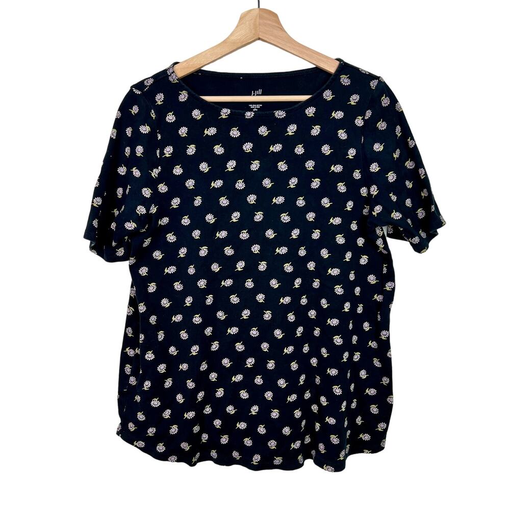 J. Jill Women's Large Petite Pima Shirttail Tee‎ Black Daisy Scoop Neck